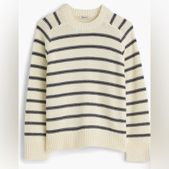 Madewell XL Bright Ivory Navy Stripes Reverse Knit Crewneck Sweater - Picture 5 of 16